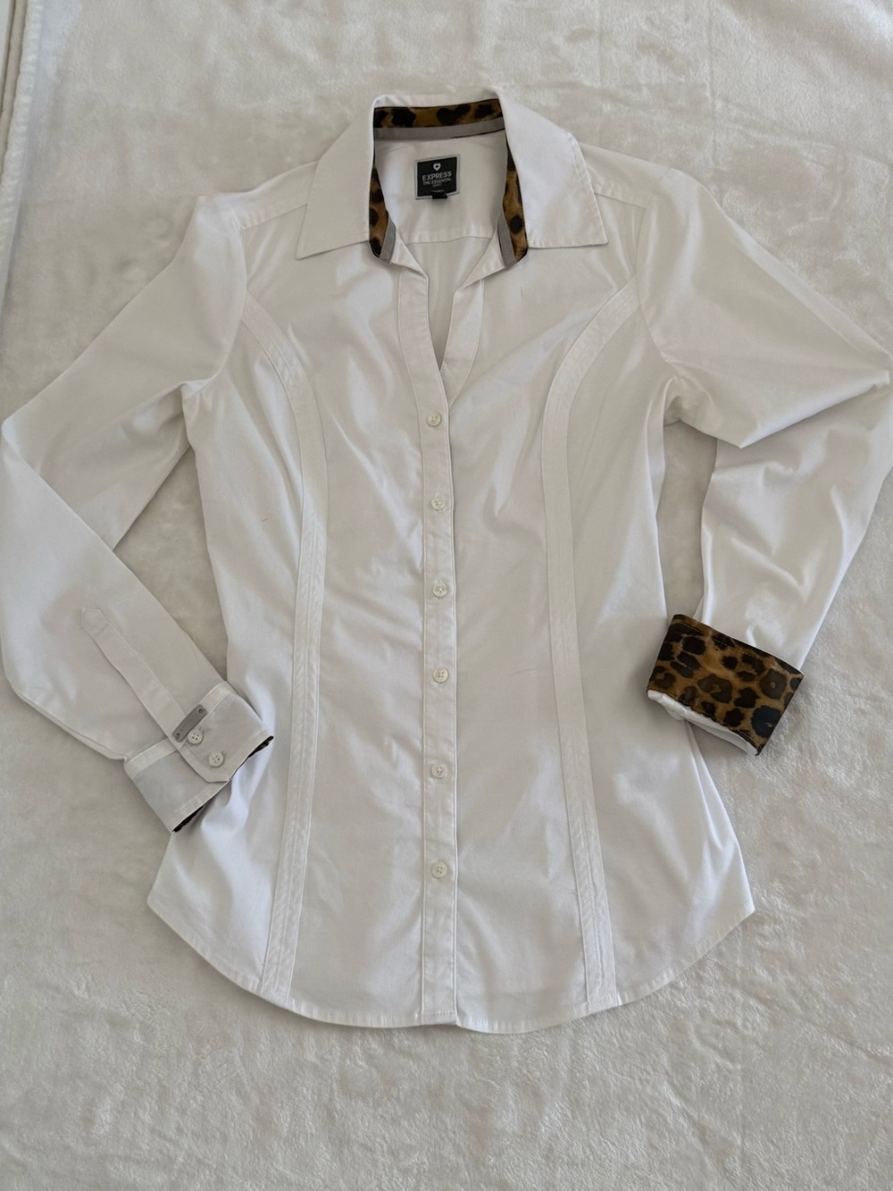 Express The Essential Shirt White Leopard Print Trim Button Up - Size S